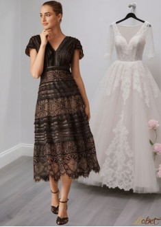 Lace Tea Length Mother of the Bride Dress with V-Neck and Cap Sleeves