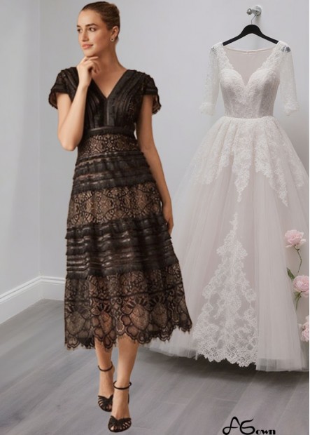 Lace Tea Length Mother of the Bride Dress with V-Neck and Cap Sleeves