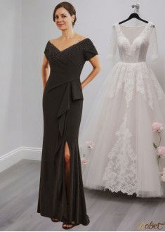 Black V-Neck Mother of the Bride Dress with Beads and Ruffle Split