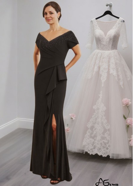 Black V-Neck Mother of the Bride Dress with Beads and Ruffle Split