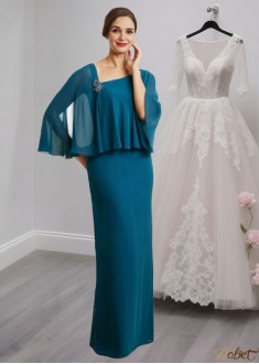 Flowing Teal Chiffon Mother of the Bride Dress with Asymmetrical Neck and Long Sleeves