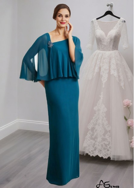 Flowing Teal Chiffon Mother of the Bride Dress with Asymmetrical Neck and Long Sleeves