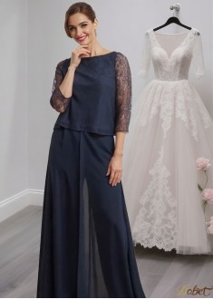 Two-Piece Chiffon Mother of the Bride Pantsuit with Lace Sleeves