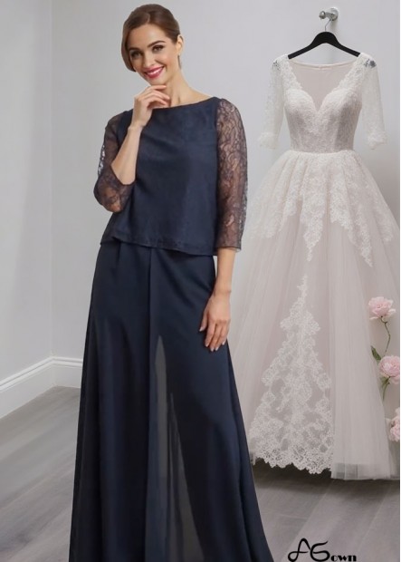 Two-Piece Chiffon Mother of the Bride Pantsuit with Lace Sleeves