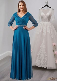 Chiffon V-Neck A-Line Mother of the Bride Gown with Beads and Pleats