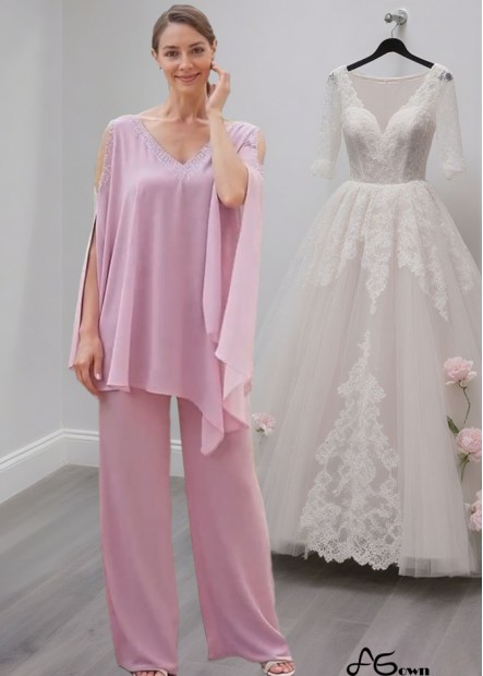 Two-Piece Chiffon Mother of the Bride Pantsuit with V Neck and Split Sleeves