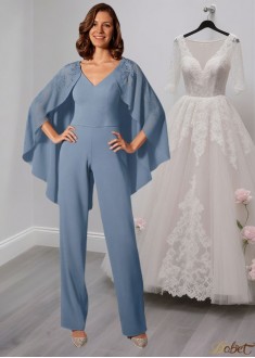 Blue Mother of the Bride Jumpsuit with Lace – Wedding Guest Pantsuit