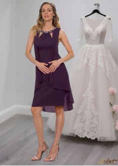 Grape Chiffon Beaded Cutout Knee-Length Mother of the Bride Dress
