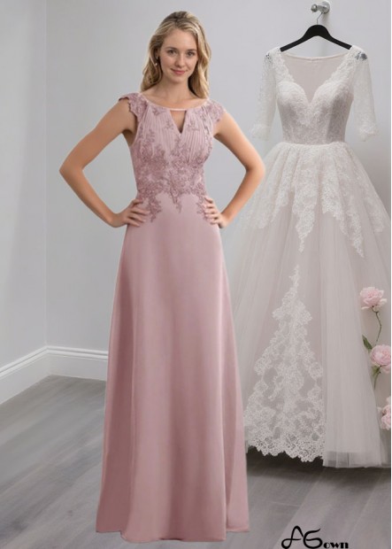 Pink Chiffon A-Line Mother of the Bride Dress with Scoop Neck and Lace Appliques