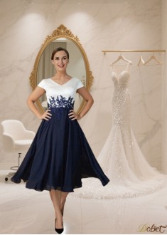 Tea-Length V-Neck Chiffon Mother of the Bride Dress with Applique and Short Sleeves