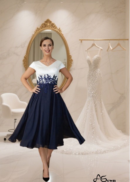 Tea-Length V-Neck Chiffon Mother of the Bride Dress with Applique and Short Sleeves