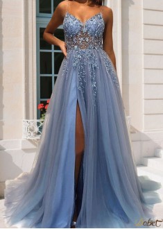 Elegant Spaghetti Straps Tulle Prom Dress with Beading & Sequins Split – Long A-Line Evening Gown UK