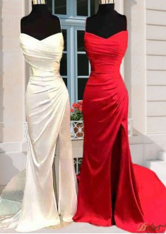 Elegant Satin V-Neck Prom Dress with Split – Column Spaghetti Strap Sweep Train Gown UK