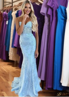 Sky Blue Strapless Mermaid Prom Dress with Corset Back and Beaded Appliques