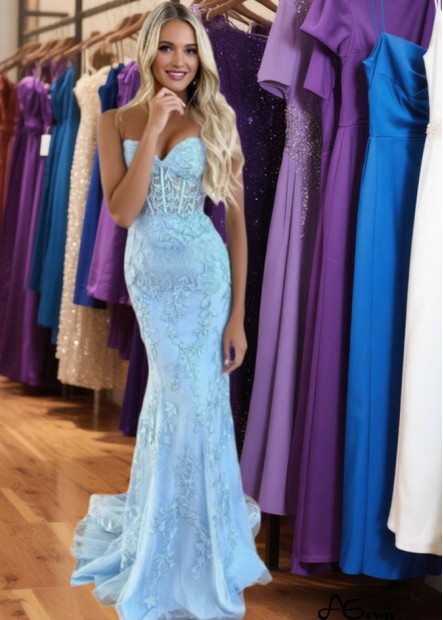 Sky Blue Strapless Mermaid Prom Dress with Corset Back and Beaded Appliques