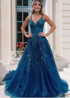 Elegant Long A-Line Prom Dress – Lace Applique Backless Tulle Ball Gown for Women UK