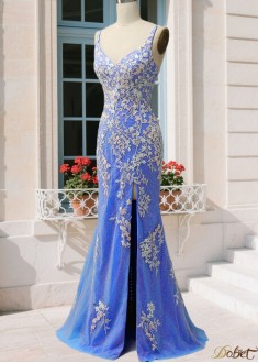 Elegant Blue Glitter Beaded Mermaid Prom Dress with Side Slit – Long Lace Embroidered Evening Gown UK
