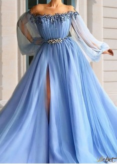 Sky Blue Illusion Long-Sleeve Beaded Evening Dress with Slit – Elegant A-Line Formal Gown UK