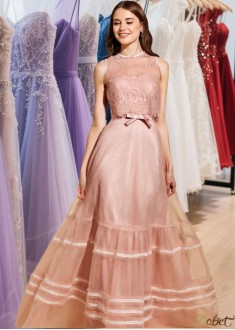 Pink Scoop Neck Tulle Lace Long Prom Dress with A-Line Silhouette