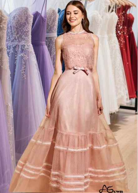 Pink Scoop Neck Tulle Lace Long Prom Dress with A-Line Silhouette