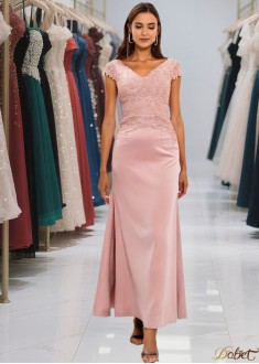 Ankle Length V Neck Chiffon Prom Dress with Lace Applique and Cap Sleeves