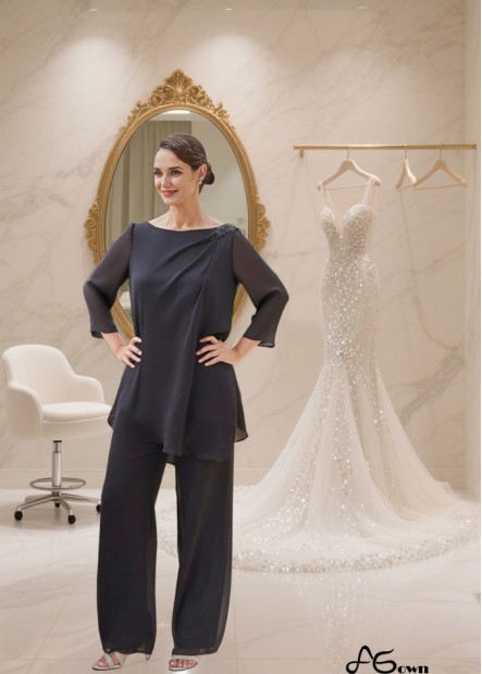 Elegant Chiffon Boat Neck 3/4 Sleeve Mother of the Bride Pantsuit Set