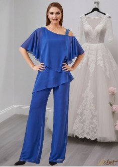 Royal Blue Chiffon Asymmetrical Neck Mother of the Bride and Groom Pantsuit