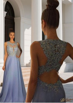 Elegant Scoop Neck Sleeveless Chiffon Long Prom Dress with Applique and Sweep Train