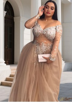 Elegant Off-Shoulder Long Prom Evening Dress – Tulle Ball Gown with Sequin