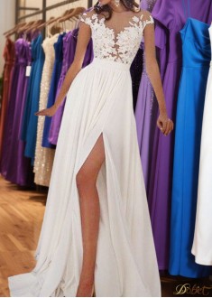 White Chiffon Scoop Neck A-Line Summer Beach Prom & Evening Dress