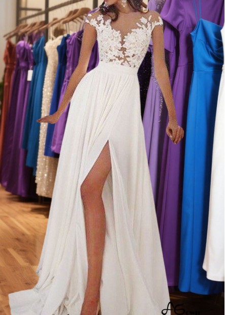 White Chiffon Scoop Neck A-Line Summer Beach Prom & Evening Dress