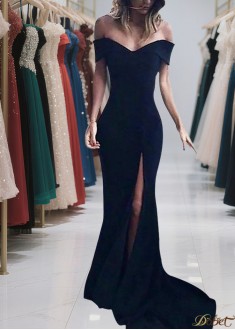 Elegant Off-the-Shoulder Satin Long Prom Evening Dress with Sweep Train