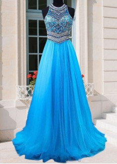 Affordable Jewel Neck Long Prom Dress – Elegant Beaded Tulle A-Line Evening Gown UK