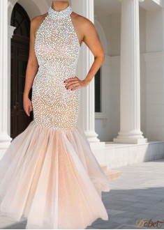 Sexy Long Prom Evening Dress – Halter Tulle Mermaid Gown with Beading