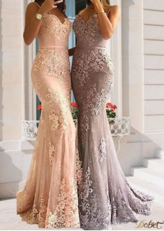 Elegant Spaghetti Straps Tulle Long Prom Evening Dress with Lace – Sweep Train Sheath Gown for All Seasons