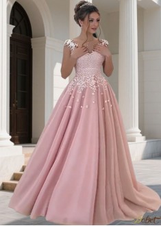 Long Prom Evening Women Dress – Tulle A Line Gown with Appliques