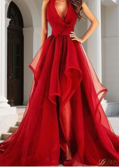 Elegant Long Prom Evening Dress – Organza V-Neck A-Line with Asymmetrical Hem