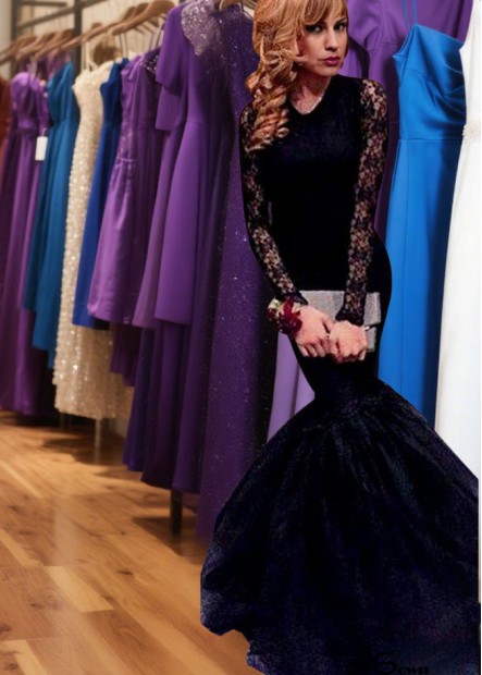 Sexy Lace Mermaid Evening Dress with Long Sleeves and Scoop Neckline