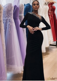 Black Mermaid Evening Dress with Beading – Long Sleeve Formal Gowns