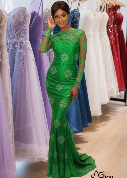 Green Mermaid Evening Gown – Long Sleeve Formal Dress with Applique