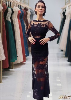Elegant Lace Mermaid Long Prom Evening Dress with Bateau Neck & Sweep Train