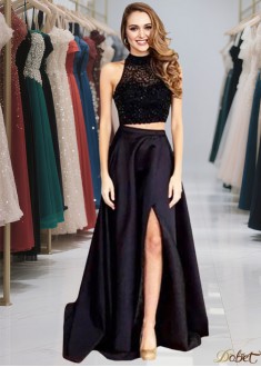 Two Piece Halter Satin Prom Evening Dresses with Beading