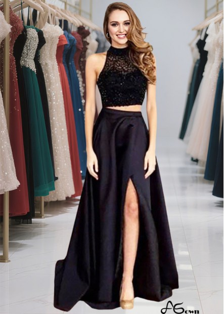 Two Piece Halter Satin Prom Evening Dresses with Beading