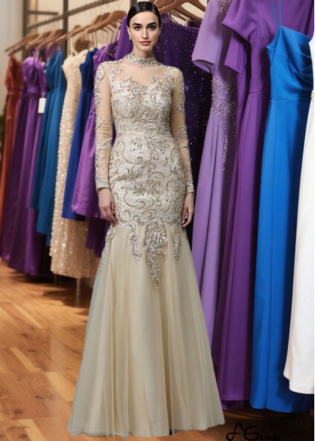 Sexy Mermaid Prom Evening Dress with Applique – High Neck Long Sleeve Gown