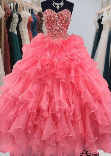 Sweetheart Beaded Organza Ball Gown Long Prom Dress