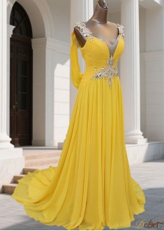 Elegant Chiffon Long Prom Evening Dress with Straps and Beading – A-Line Gown