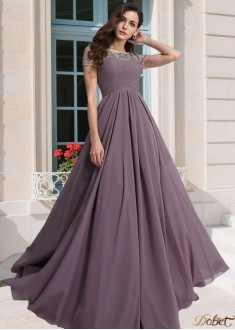 Elegant Sheer Neck Chiffon Long Prom Evening Dress with Beading – Short Sleeve A-Line Floor-Length Gown for All Seasons