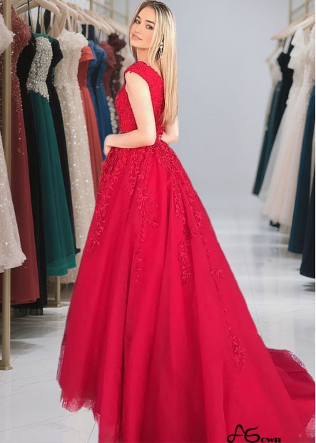 Sleeveless V-Neck Tulle A-Line Prom Evening Dress with Applique