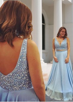 Plus Size Prom Evening Dress – Chiffon V-neck A line Gowns with Beading
