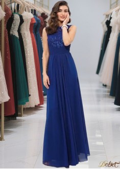 Sleeveless Lace Chiffon A-Line Long Prom Evening Dress with Ruched
